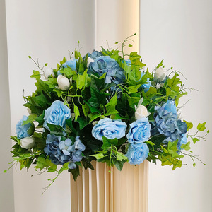 Arreglo Floral Artificial Mixto Hecho a Mano, Rosas Azules y Moradas, Hortensias, Follaje Verde, Centro de Mesa para Boda, Estilo Natural - Product Image 3