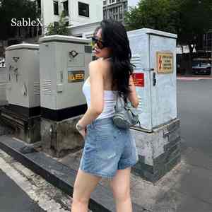 กางเกงยีนส์ขาสั้นเอวกลางสีฟ้าอ่อน SableX ลาย 3 มิติ ระบายอากาศได้ดี ผลิตจากผ้าฝ้ายผสมสแปนเด็กซ์  แบบวินเทจ สไตล์สตรีท - Product Image 5