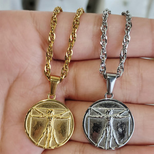 สร้อยคอสเตนเลสวินเทจสำหรับผู้ชาย,สร้อยคอวิทรูเวียนชุบทอง18K พร้อมจี้เหรียญทรงกลมแกะสลัก - Product Image 5