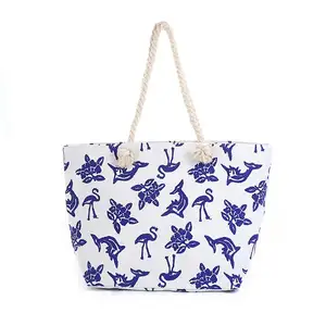 低价绳柄肩休闲手提包蓝色动物印花图案沙滩包