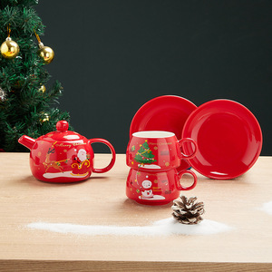 Service à thé en céramique de Noël avec bordure dorée de luxe, ensemble de service à thé empilable multicolore, vaisselle de table personnalisée pour les fêtes - Product Image 2