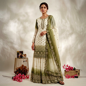 Ensemble Kurta en soie brodée blanche avec dupatta vert, tenue de mariage traditionnelle indienne pakistanaise pour femmes, longueur au sol, coupe régulière - Product Image 1