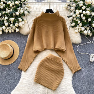 Set da donna 2 pezzi in maglia <span class=keywords><strong>estetica</strong></span> da donna inverno manica corta monopetto Crop Top e gonna aderente - Product Image 4