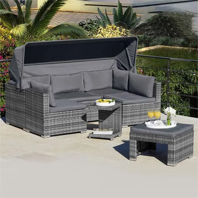 High Quality Hotel Balcony Outdoor Sofa With Convertible Garden Metal Frame Rattan Waterproof Seat Cushion Modular Furniture