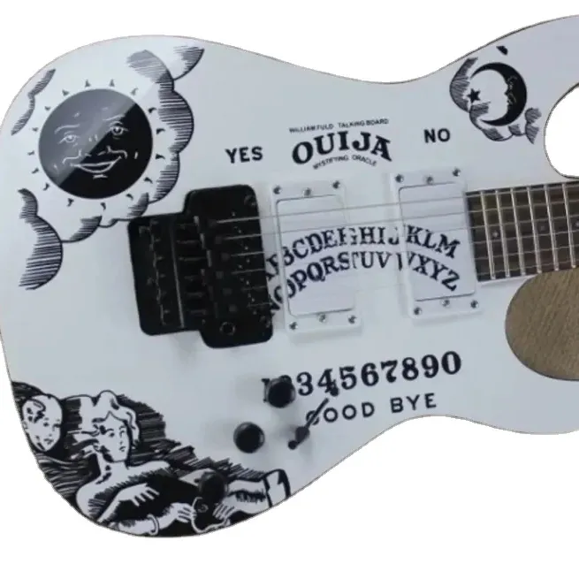 Topkwaliteit Witte Kleur Persoonlijkheidspatronen Zwarte Hardware Kirk Hammett Ouija Elektrische Gitaar, Gratis Verzending