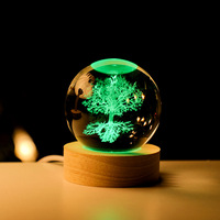 Esfera Decorativa de Cristal con Luz, Árbol de la Vida, Globo Decorativo para Habitación, Bola Decorativa de Cristal 3D con Base de Luz de Colores