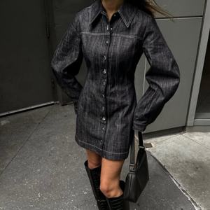 Nuevo Vestido de Mezclilla Cruda de Alta Calidad, Estilo Retro Noble con Cuello Camisero, Manga Larga, Lavado Ácido, Vestido Casual de Jeans - Product Image 2