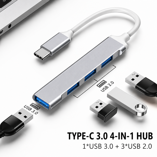 Hub USB 3.0 4 Portas Type C 4 in 1 Hub, 1USB3.0 3USB2.0 High Speed Splitter Aluminum Alloy Expansion Dock for Laptops PC Phones