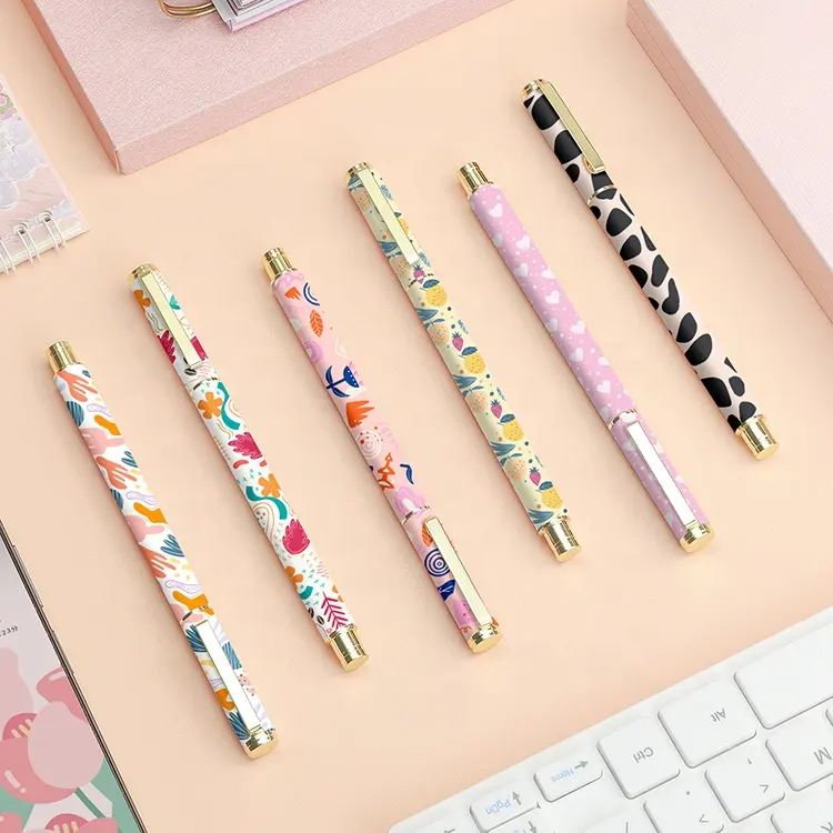 luxury gift pens for girl full printing customized design floral and gold metal gel pen with logo