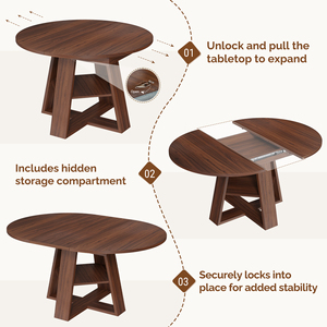 Juego de Mesa de Comedor Extensible de Redonda a Ovalada, Mesa de Cocina de Madera con Almacenamiento Oculto y Sillas Tapizadas - Product Image 5