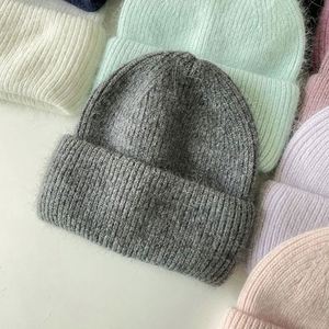Wholesale Solid Color Angora Rabbit Fur Winter Cap Custom Logo Women <b>Men</b> Fisherman Classic Cuffed Ski Style Knitted Beanies <b>Hat</b> - Product Image 6