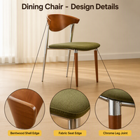 Chaise de salle à manger moderne avec siège rembourré, dossier en bois courbé, pieds en bois et en métal pour salle à manger et cuisine
