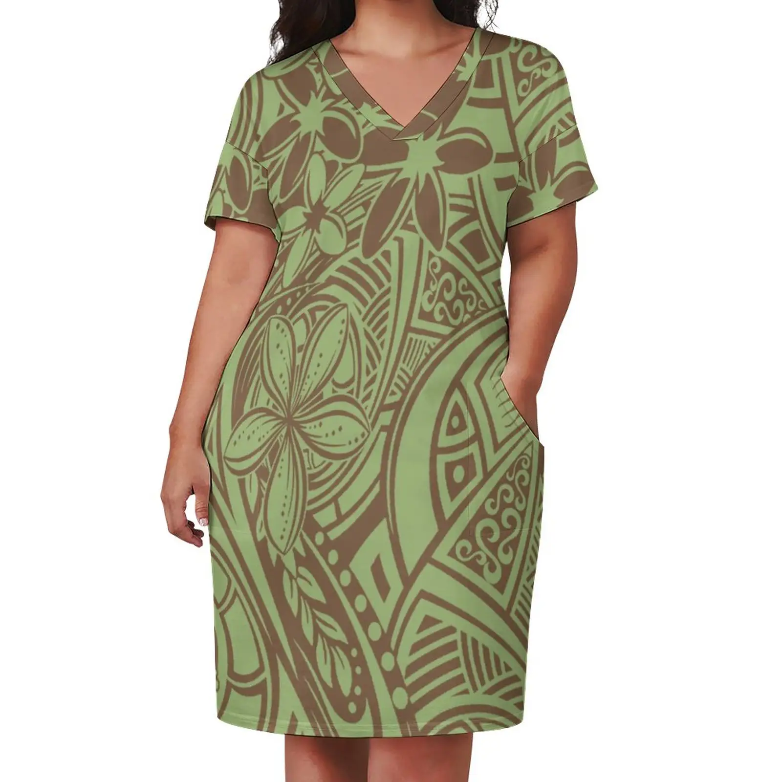 cheap polyester cotton polynesian casual dresses loose plus size women short sleeve dress brown green tribal print dress