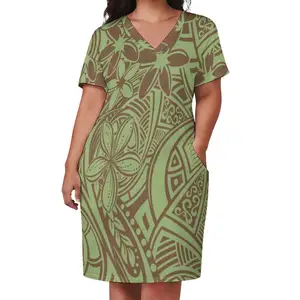 Недорогие хлопковые полинезийские повседневные платья, свободное женское платье большого размера с коротким рукавом, коричневое зеленое платье с этническим принтом