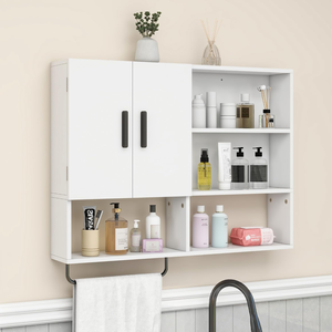 Armoire murale <span class=keywords><strong>blanche</strong></span> pour salle <span class=keywords><strong>de</strong></span> bain avec 2 portes, étagères réglables, barre <span class=keywords><strong>porte</strong></span>-serviettes, rangement au-dessus des toilettes pour cuisine et buanderie - Product Image 1