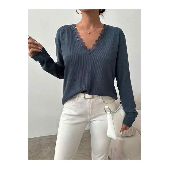 Women's Long Sleeve Lace V-Neck Ruffle Fabric Blouse