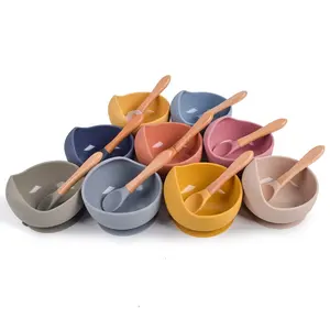 NO MOQ BPA Free Kids First Gift Baby Dinnerware Food Feeding Set Wooden Spoon Suction Baby Silicone Bowl