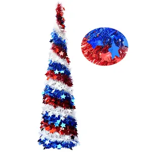 4th of July Blue Red White Tinsel Pop up Pencil Tree with Star Sequins Ornaments for Independence Day Patriotic Party Decoration