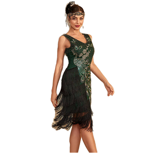 Vestido Flapper de los Años 20 para Mujer, Talla Grande, Estilo Vintage, Cuello en V, Sin Mangas, Estampado de Pavo Real, Bordado, Estilo Gran Gatsby, con Lentejuelas y Flecos - Product Image 1
