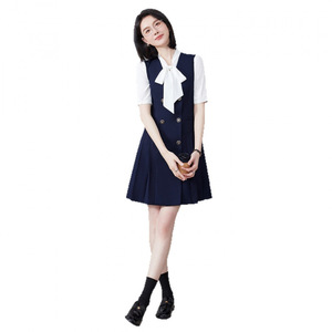 Preppy Style Sleeveless Vest Dress For Women With <b>Bow</b> Neckline Pleated Skirt Workwear Career Dress - Product Image 5