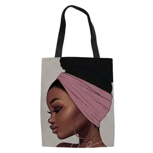 定制黑色艺术非洲女孩印花环保女士帆布手袋旅行沙滩购物手提袋单肩包女士手袋