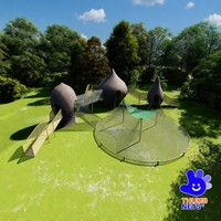 Structure de jeu commerciale en forme de grappin de chêne avec tour de briques, rampe jaune, tunnel en filet, filet circulaire suspendu et équipement de parc bleu sarcelle