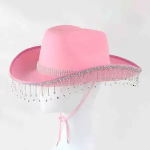 Sombrero de niña de vaca Rave con purpurina con flecos de diamantes de imitación, sombrero de vaquero de tamaño adulto para fiesta, novia, vaquera rosa, sombrero de vaquero con diamantes de imitación