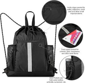 <b>Drawstring</b> <b>Backpacks</b> 20x16 Large Gym Sack Reflective Strip Inside Front Zipper Dual Mesh Side Pockets Beach Swim Hiking 4 Colors - Product Image 3
