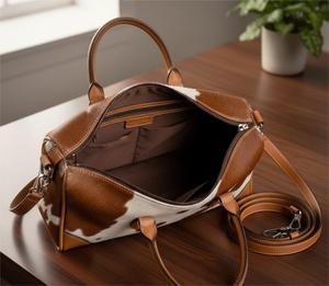 Sac fourre-tout élégant pour femme en cuir véritable, motif bicolore en cuir de vachette à poils, fermeture à rabat, toutes saisons, usage quotidien - Product Image 3