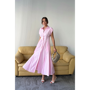 Robe en popeline rose sans manches, rembourrée, boutonnée sur le devant avec détail de plis à la taille, style bureau translucide, ODM XS-XL, longueur ras du sol - Product Image 3