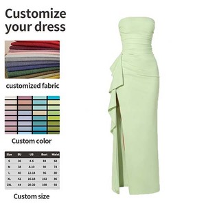 Elegante Abito Lungo <span class=keywords><strong>Verde</strong></span> Chiaro Senza Spalline con Arricciature e Spacco con Volant per Ospite di Matrimonio, <span class=keywords><strong>Damigella</strong></span>, Festa, Occasioni Formali, Taglia Personalizzabile - Product Image 4