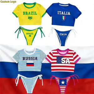 Conjunto de Bikini de Dos Piezas para Mujer con Logotipo Personalizado al por Mayor, Camiseta de Manga Corta con Letras y Bandera de Brasil, EE. UU. y Rusia, Top Corto y Bikini con Aberturas - Product Image 1
