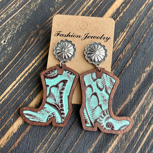 Anting Sepatu Koboi Barat Anting Kayu Motif Kulit Sapi Leopard Boho - Product Image 5