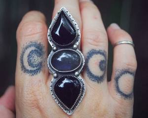 Anillo de Plata de Ley 925 de ónix negro y labradorita, joyería con piedras preciosas - Product Image 1