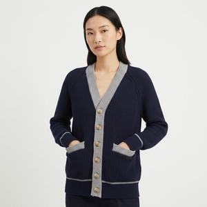 Cardigan en acrylique blanc pour homme avec bordure marine, manches longues, fermeture boutonnée, anti-plis, détails brodés - Collection Automne - Product Image 2