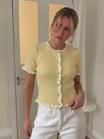Cárdigan de punto amarillo de moda con volantes y botones, ideal para el verano, salidas urbanas, compras diarias, el más vendido, de manga corta, antiarrugas.