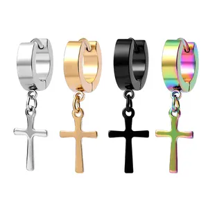 High Quality Stainless Steel Black Plated Cross Dangle Huggie Piercing Jewelry Cross Earrings Hoop Dangle Men