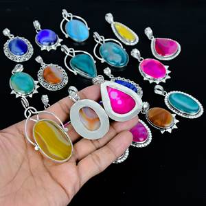 Vente en gros de pendentifs en agate 100% naturelle multicolore faits à la main en argent sterling 925 plaqué bijoux pour fiançailles mariage noël - Product Image 3