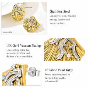 Boucles d'oreilles statement en perles de coquillage bicolores, acier inoxydable plaqué or 14 carats, imitation perle - Product Image 3