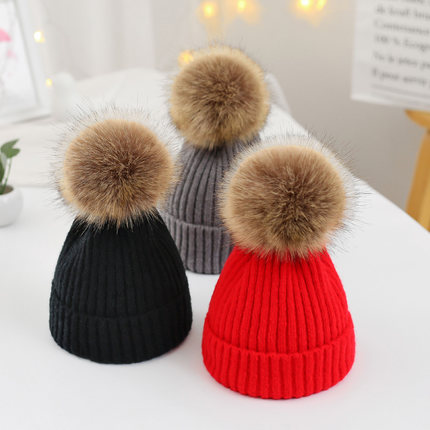 Gorro con pompones de piel de mapache auténtica, gorro de invierno para niños, gorro de ganchillo para mujer