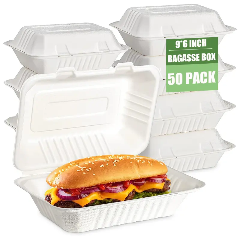 9X6Inch Wegwerp Biologisch Afbreekbare Suikerrietvezel Bagasse Papierpulp Clamshell Afhaalmaaltijden Voor Fastfood Verpakkingsdoos