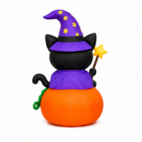 Décoration de fête d'Halloween pour extérieur et jardin : Chat noir gonflable avec citrouille et chapeau de sorcière, éclairage LED
