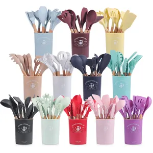 12 Pieces In 1 Set Silicone Accessories Cooking Tools Kitchenware Silicone organizer With Wooden Handles Kitchen Cooking Utensil