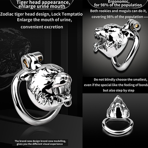 Gabbia di Castità Maschile FRRK Serie Beast con Testa di Tigre e Campanello, Restrizione del Pene in Acciaio Inossidabile - Product Image 4