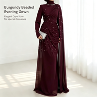Robe de soirée modeste en mousseline de soie perlée rouge bordeaux sur mesure OEM pour femme, Abaya musulmane à col montant avec cape latérale, robe de mariée pour femme