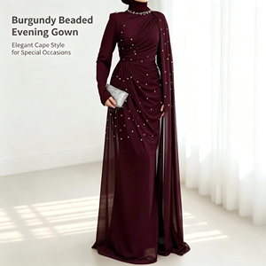 <span class=keywords><strong>Robe</strong></span> de soirée modeste en mousseline de soie perlée rouge bordeaux sur mesure OEM pour femme, Abaya musulmane à col montant avec cape latérale, <span class=keywords><strong>robe</strong></span> de mariée pour femme - Product Image 1