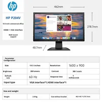 Monitor PC HP P204V 19.5 Inch Grosir, HDMI+VGA Hitam, Desain Bisnis Kantor