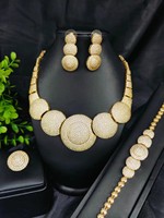 Dubai Mode Vintage Afrikanisches Braut-Hochzeits-Set mit Halskette, Ohrringen und Ring für Damen, Messing 24k Vergoldet mit Zirkonia für Partys und Verlobungen
