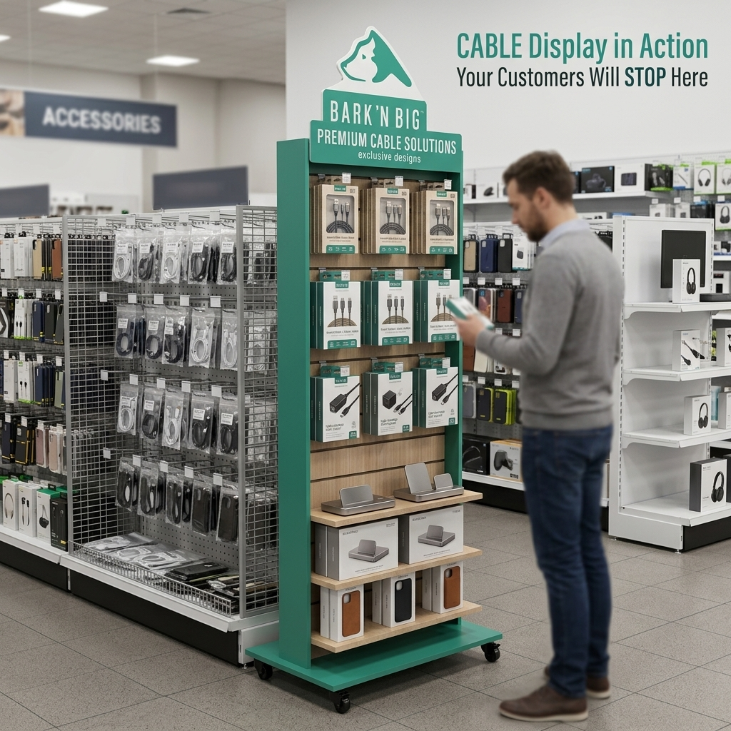 Custom Wooden Power Strip Display Stand Floor Standing 3C Accessories Retail Display Rack With Hooks Shelves Custom Logo OEM ODM — view 2