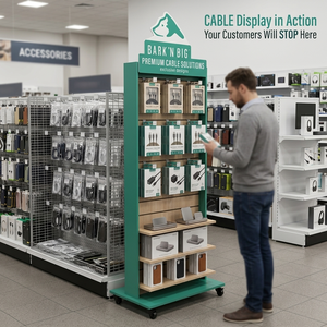 Support d'affichage personnalisé en bois pour multiprises, présentoir de sol pour <span class=keywords><strong>accessoires</strong></span> 3C, étagère de vente au détail avec crochets, logo personnalisé OEM ODM - Product Image 2
